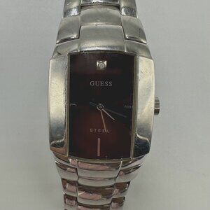 Guess Steel Watch Men Maroon Dial Barrel Case Water Resistant New Battery 7.25"